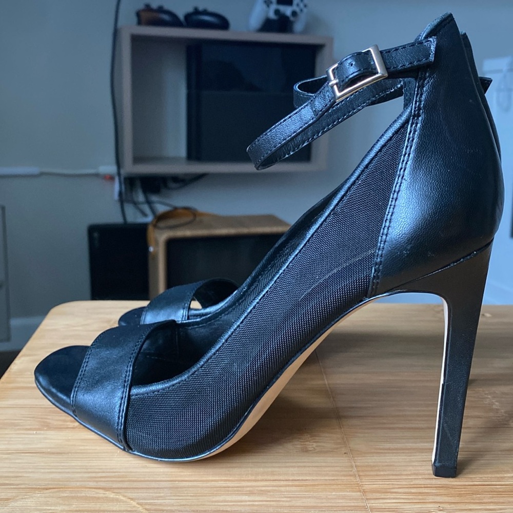 BCBGeneration Natalee Black Leather Mesh Peep Ankle Strap Pump Stiletto 8